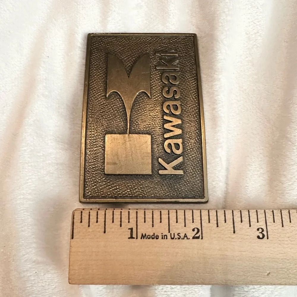 Vintage 1978 Kawasaki Brass Belt Buckle Big K Logo Embossed Textured Motorcycle